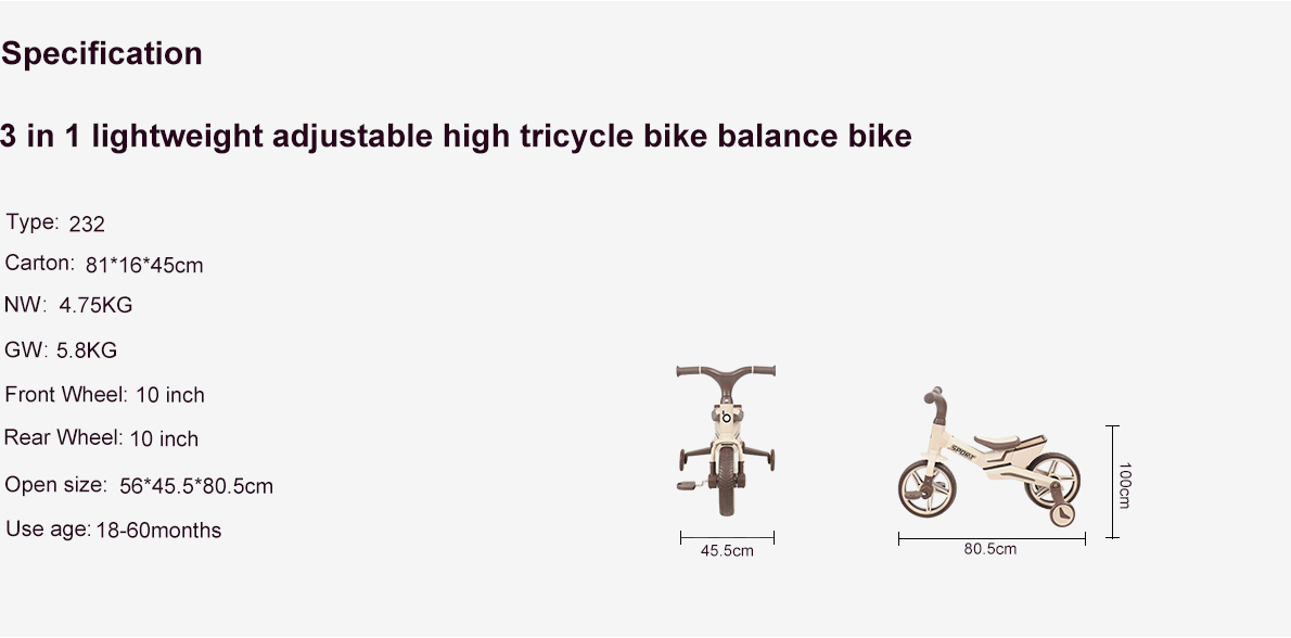 3 in 1 lightweight adjustable high tricycle bike balance bike 232