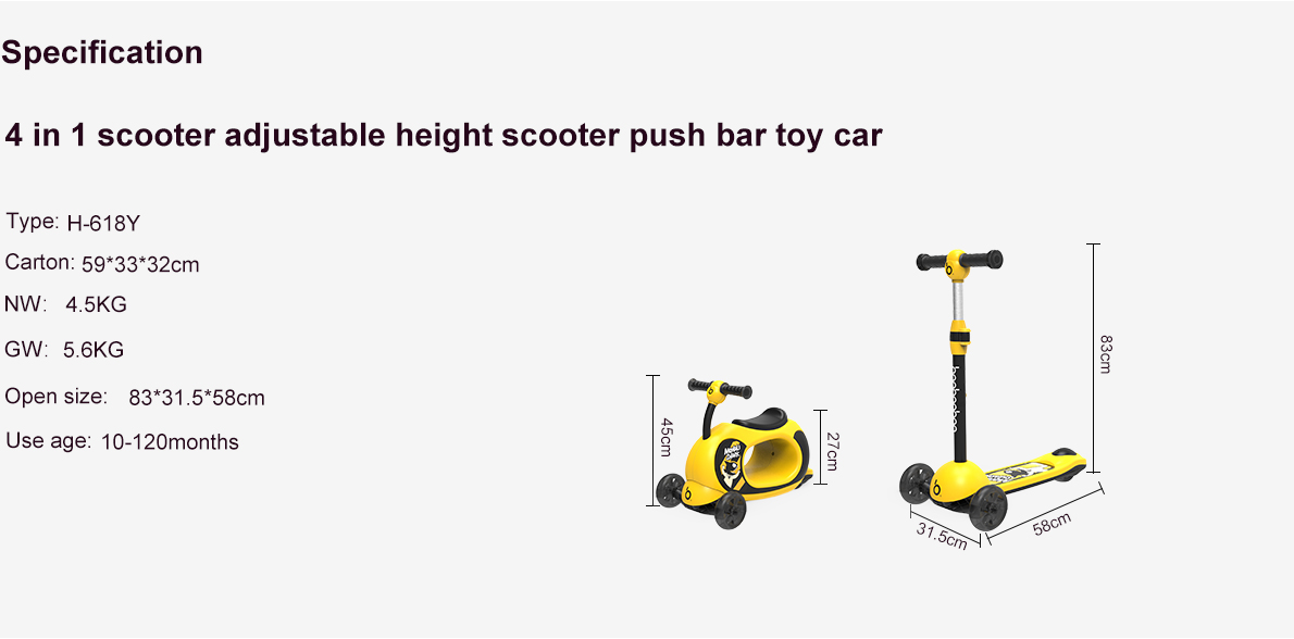 4 in 1 scooter adjustable height scooter push bar toy car baobaohao H-618Y